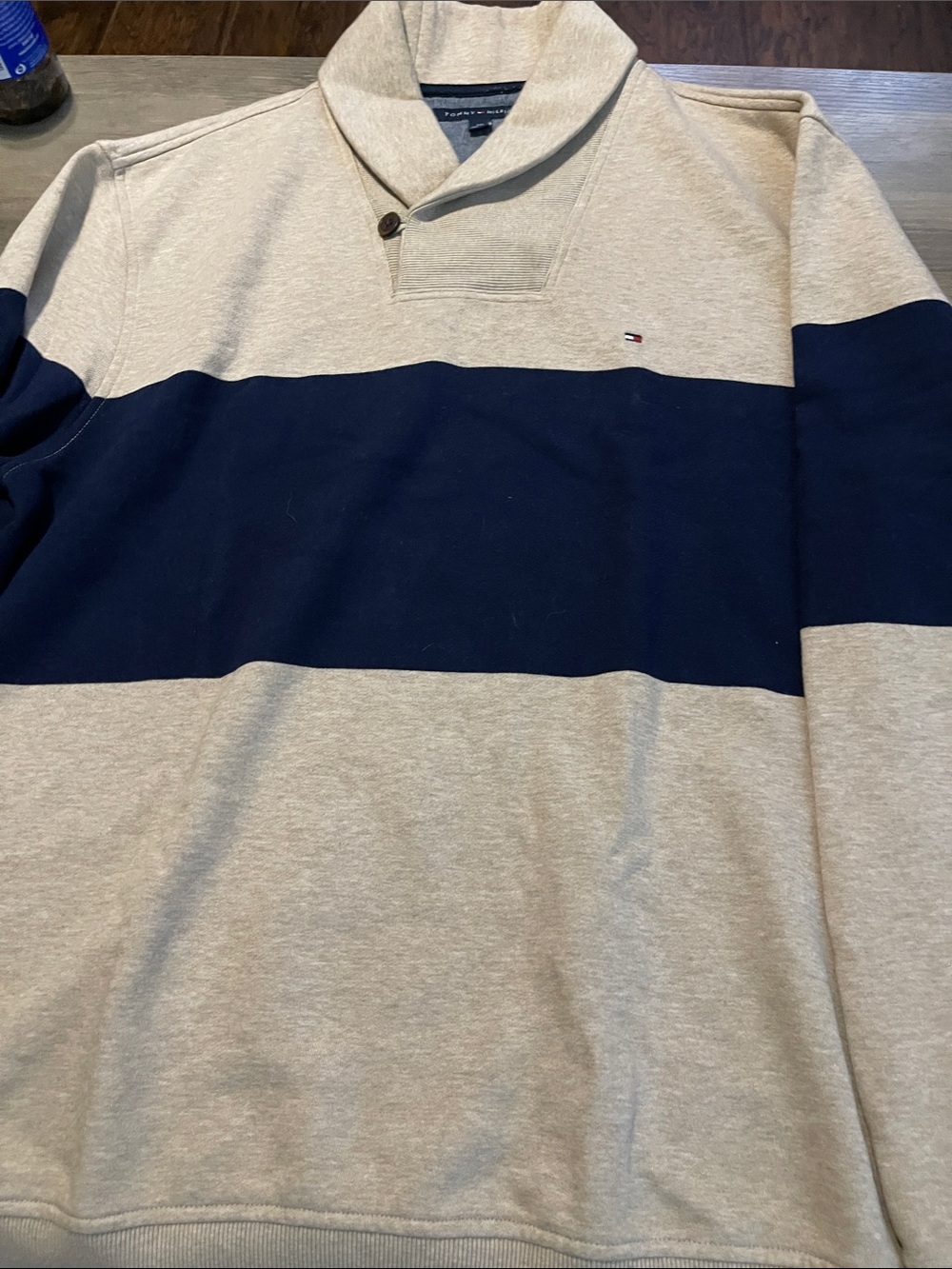 #A339 Tommy Hilfiger Men's Shawl Collar Pullover in Navy & Cream Stripe